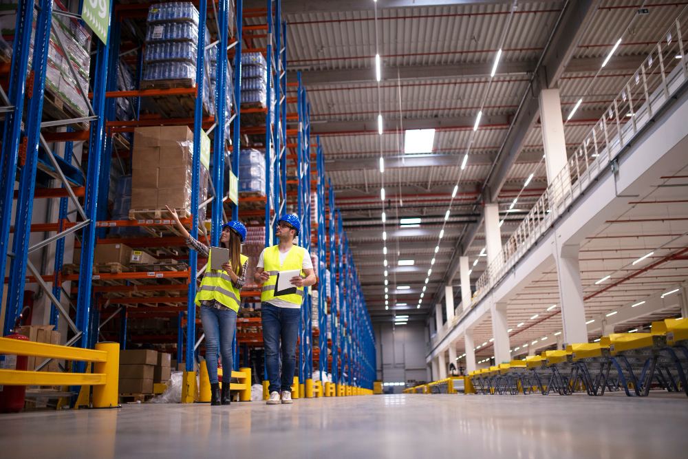 Racks industriales y montacargas en almacén